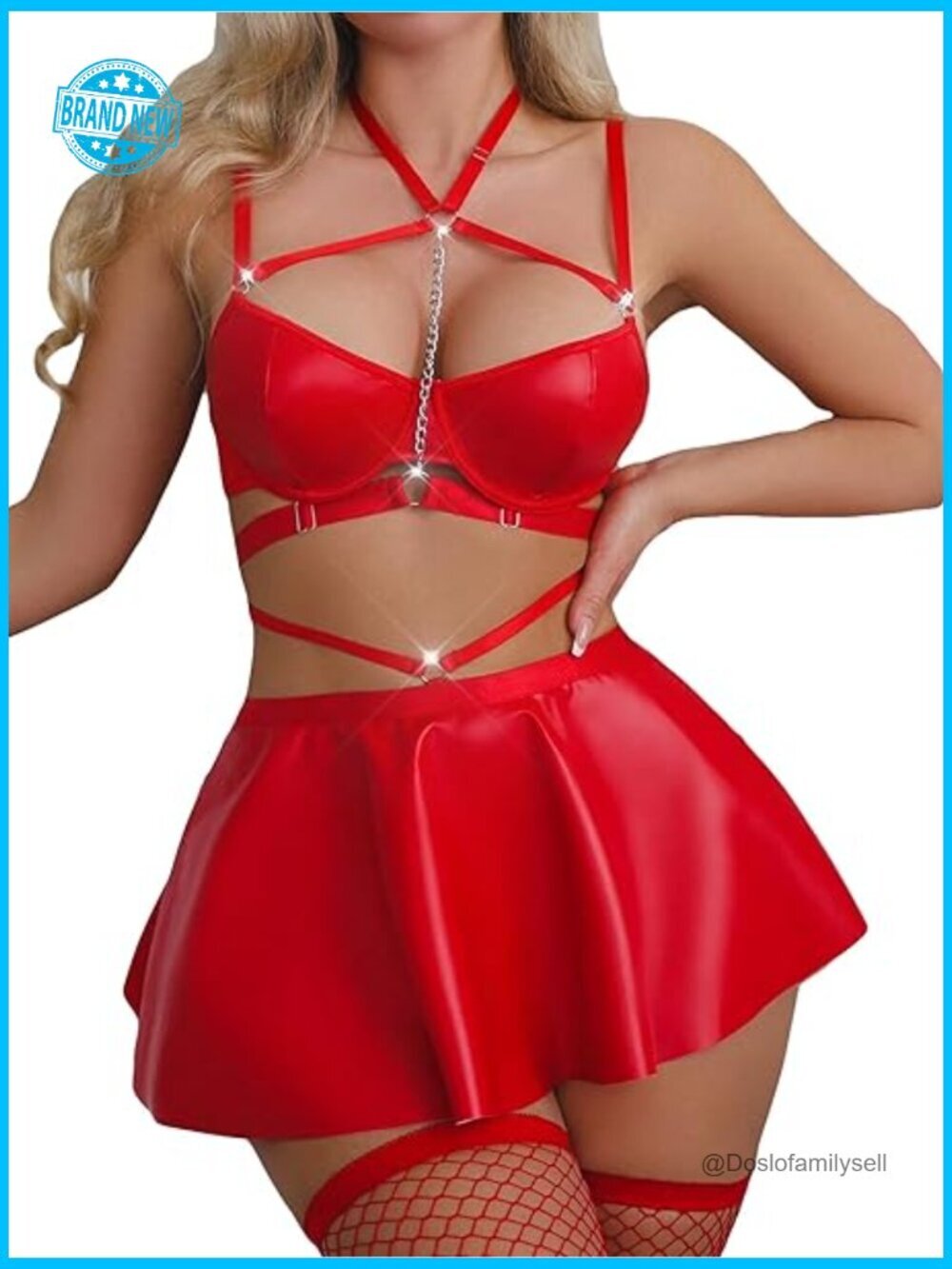 Sexy Leather Lingerie Set Choker Chain Strappy Bra Mini Skirt Outfits Clubwear